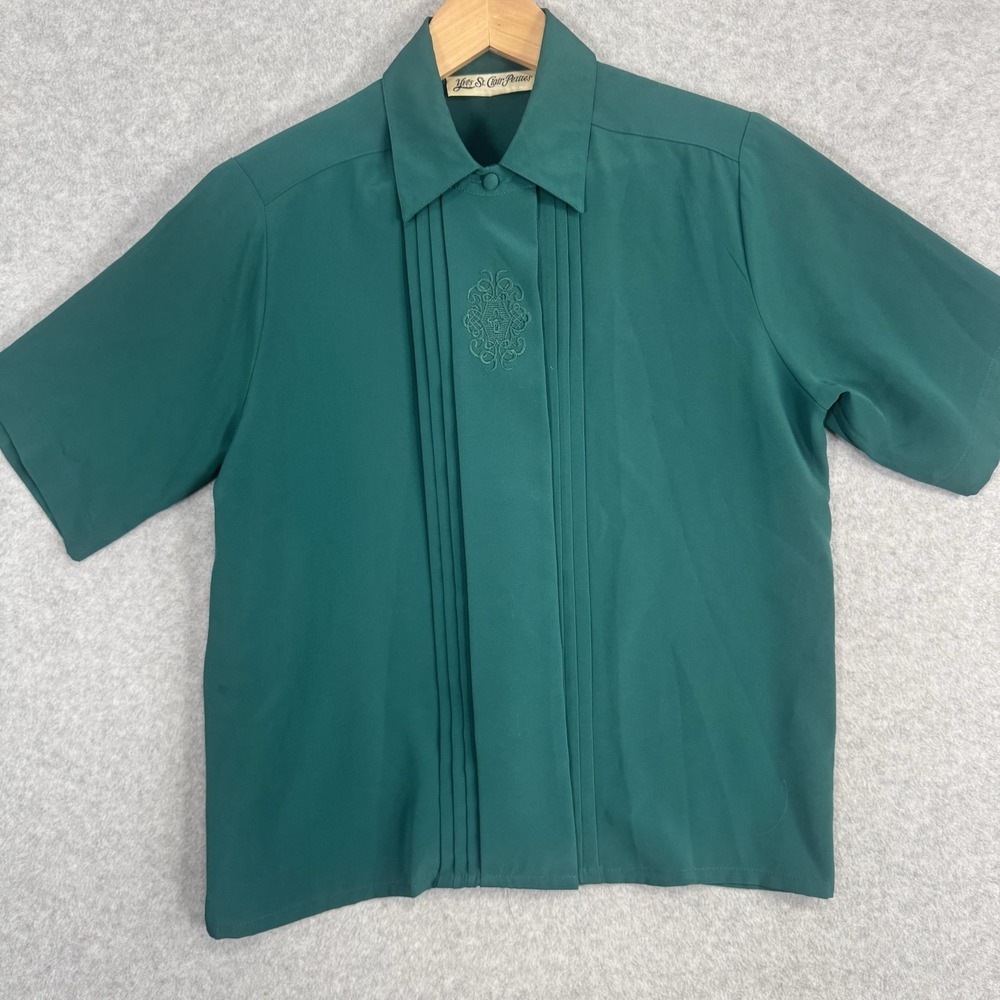 Yves‎ St. Clair Petites VTG Green Blouse 10P Embroidered Pintuck Snap Front